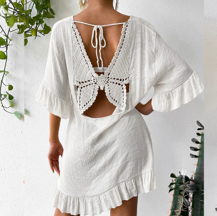 Back Tunic Linen Beach Caftan Swimwear Cover Ups STOCK Two Colors V-NECK Ruffle Hem Crochet