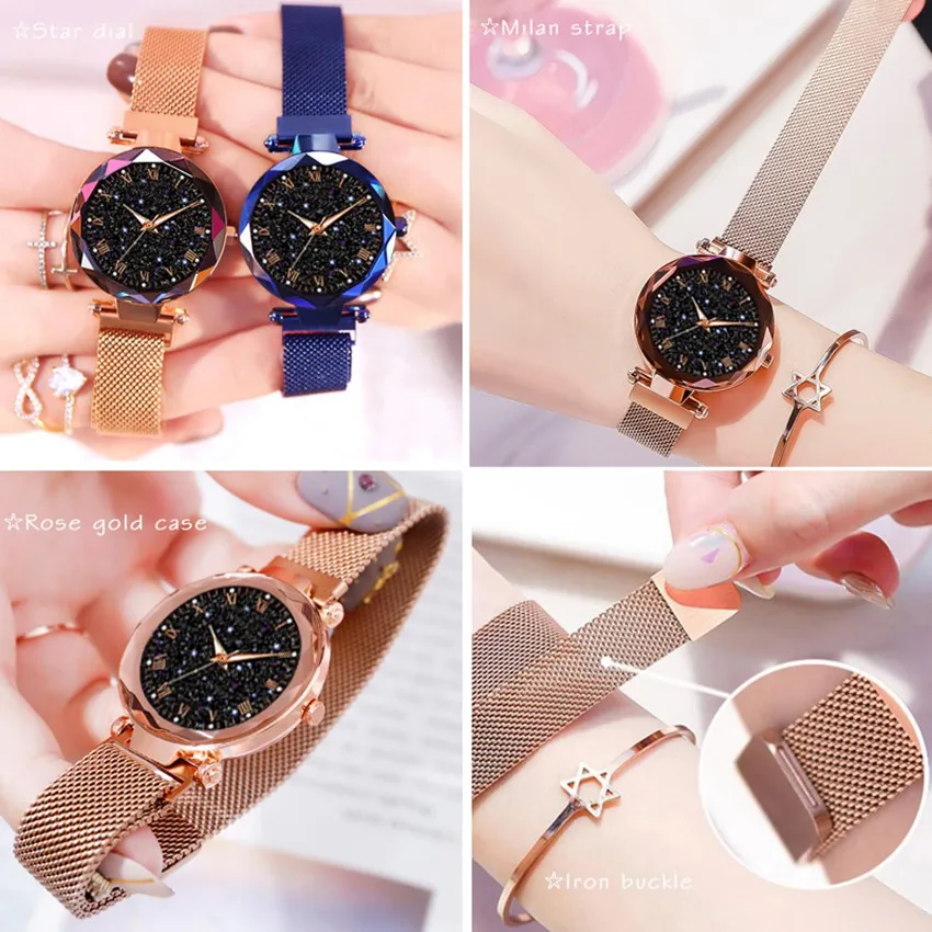 
Luxury Mesh Ladies Clock Magnet Buckle Starry Diamond Geometric Surface Casual Dress Quartz Wristwatch Women Watches Rose Watch 