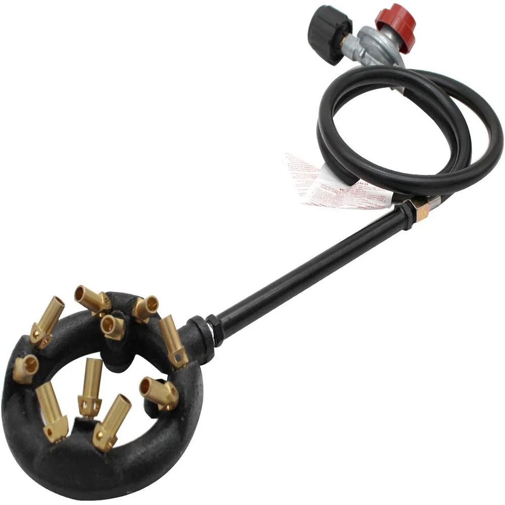 10 Jets Homemade Cast Iron Burner Assembly Flame Control System 41000 BTU with High Pressure Regulator with Hose DIY Forge Pizza