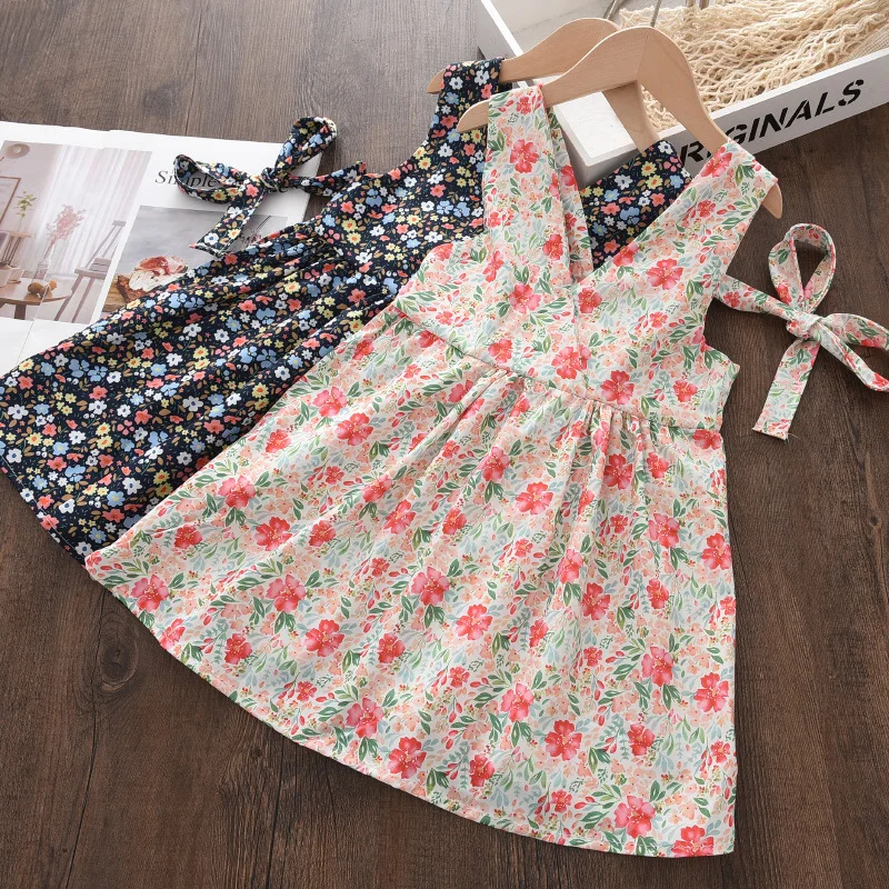 9007 2022 Fashion 2-7y Summer Children Clothes Beautiful Kids Wear V Neck Floral Cotton Bow Girls Dress
