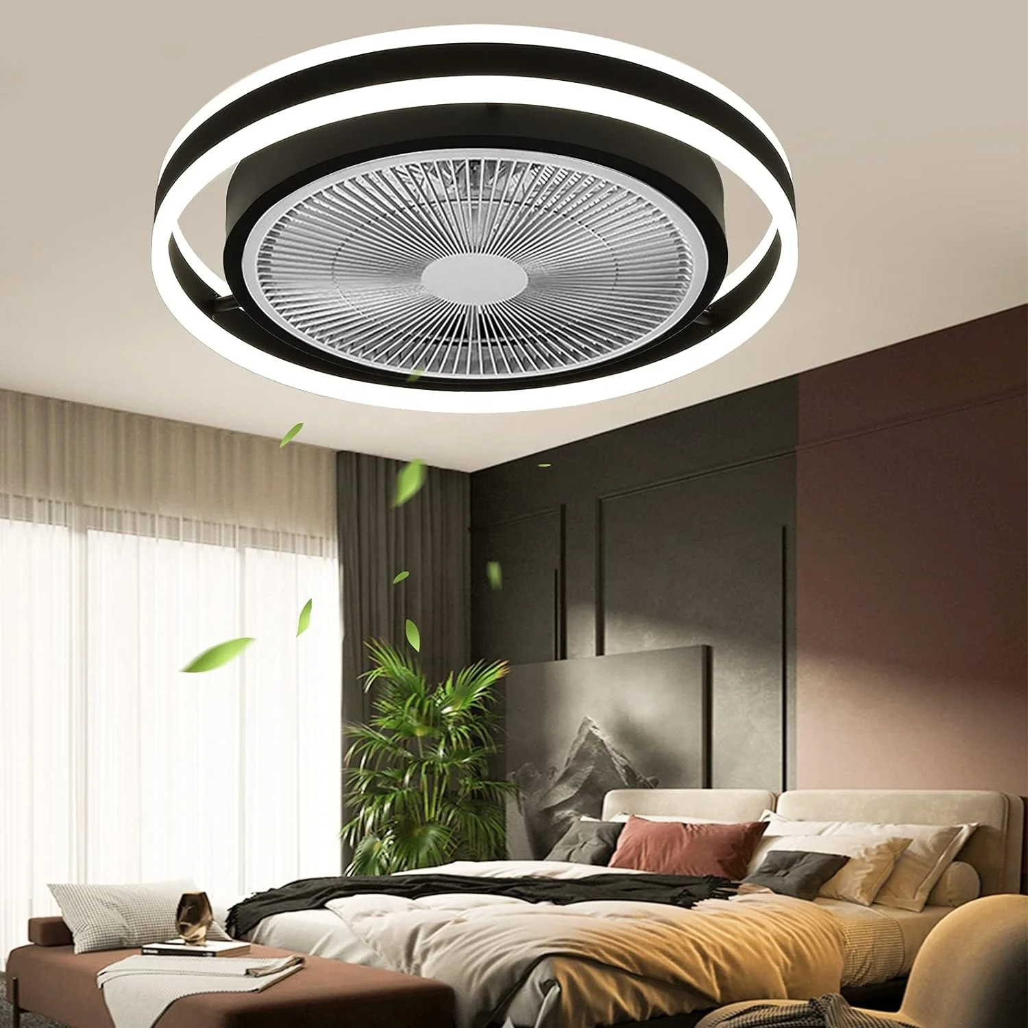 New Design Modern Ceiling Fans with Lights Remote Control,Bladeless Low Profile Enclosed LED 3 Colors Dimming 3 Speed Fan Light