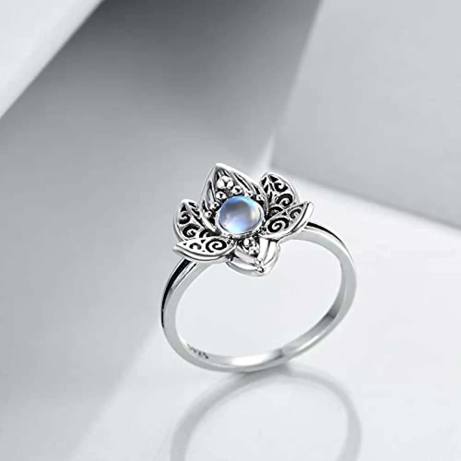 Women Jewelry Gifts New Design Sterling Silver Moonstone Synthetic Lotus Flower Ring