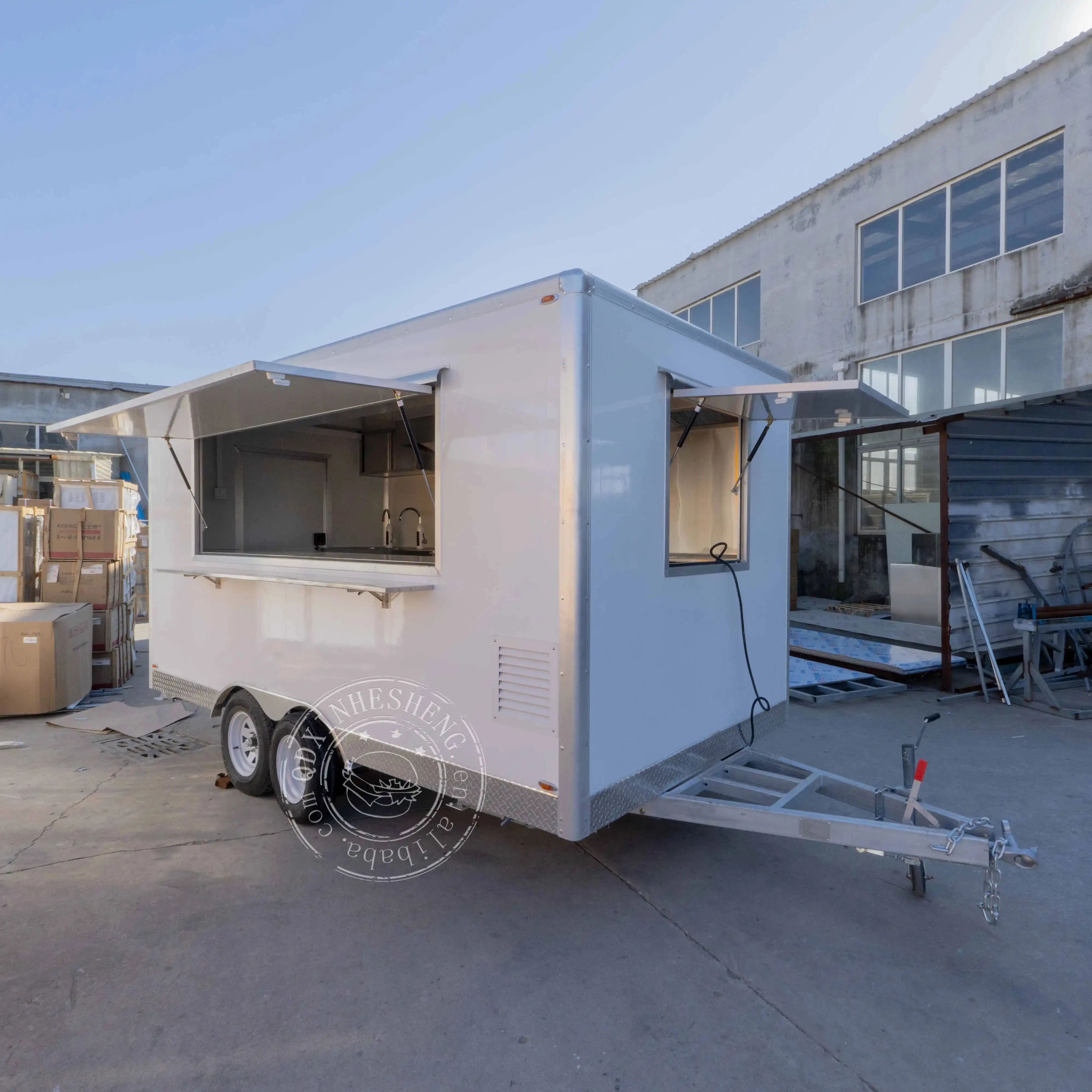 AU standard food trailer truck can move  3 sink food cart with range hood and firewall white trailer