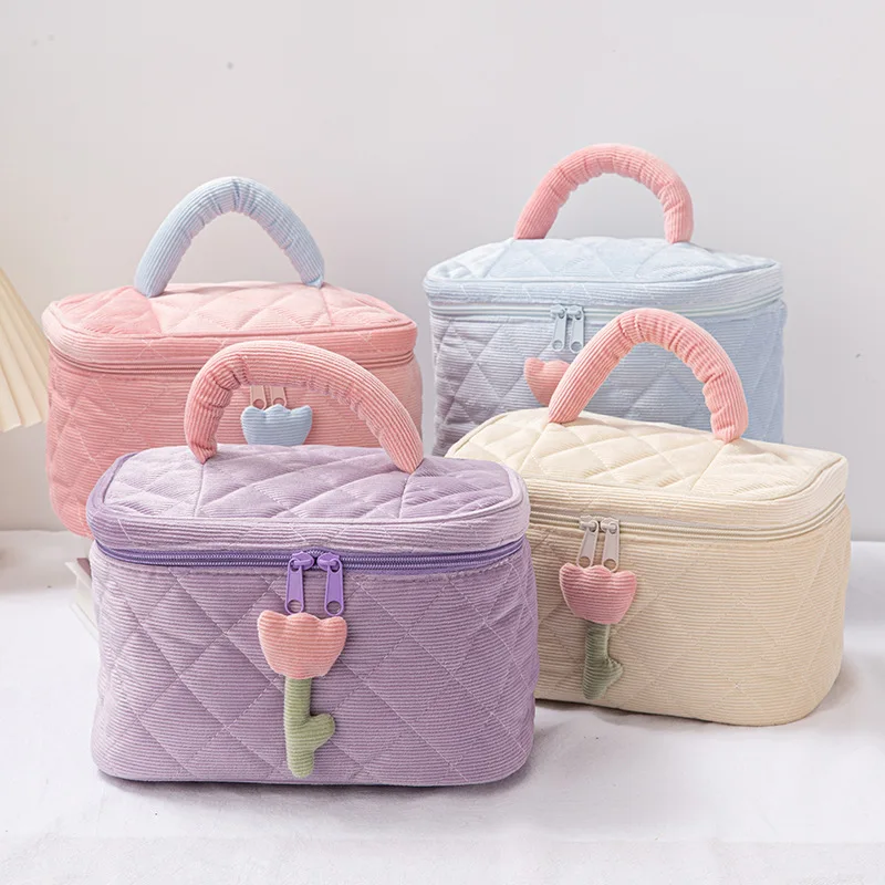 2024 Sim-party Handle Cute Pattern candy color Corduroy bag metal Zipper Cotton Makeup Cosmetic Bag For Girl