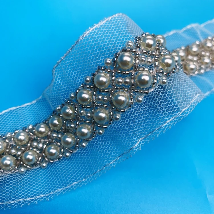 2022 China wholesales  garment accessories custom handmade tape beaded lace trimming clothing beaded patches beaded trims