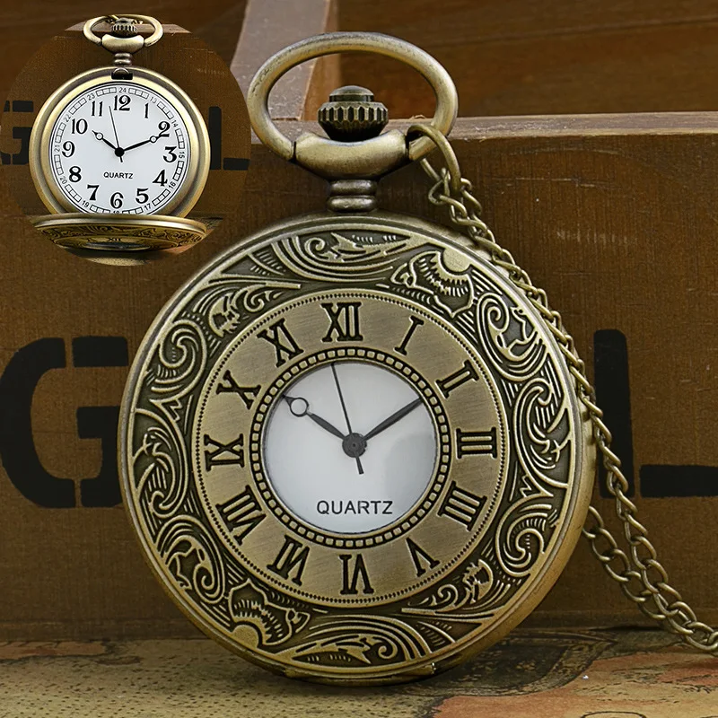 Wholesale custom high quality luxury Retro classic engraved vintage skeleton old quartz metal gold alloy pocket watch for sale