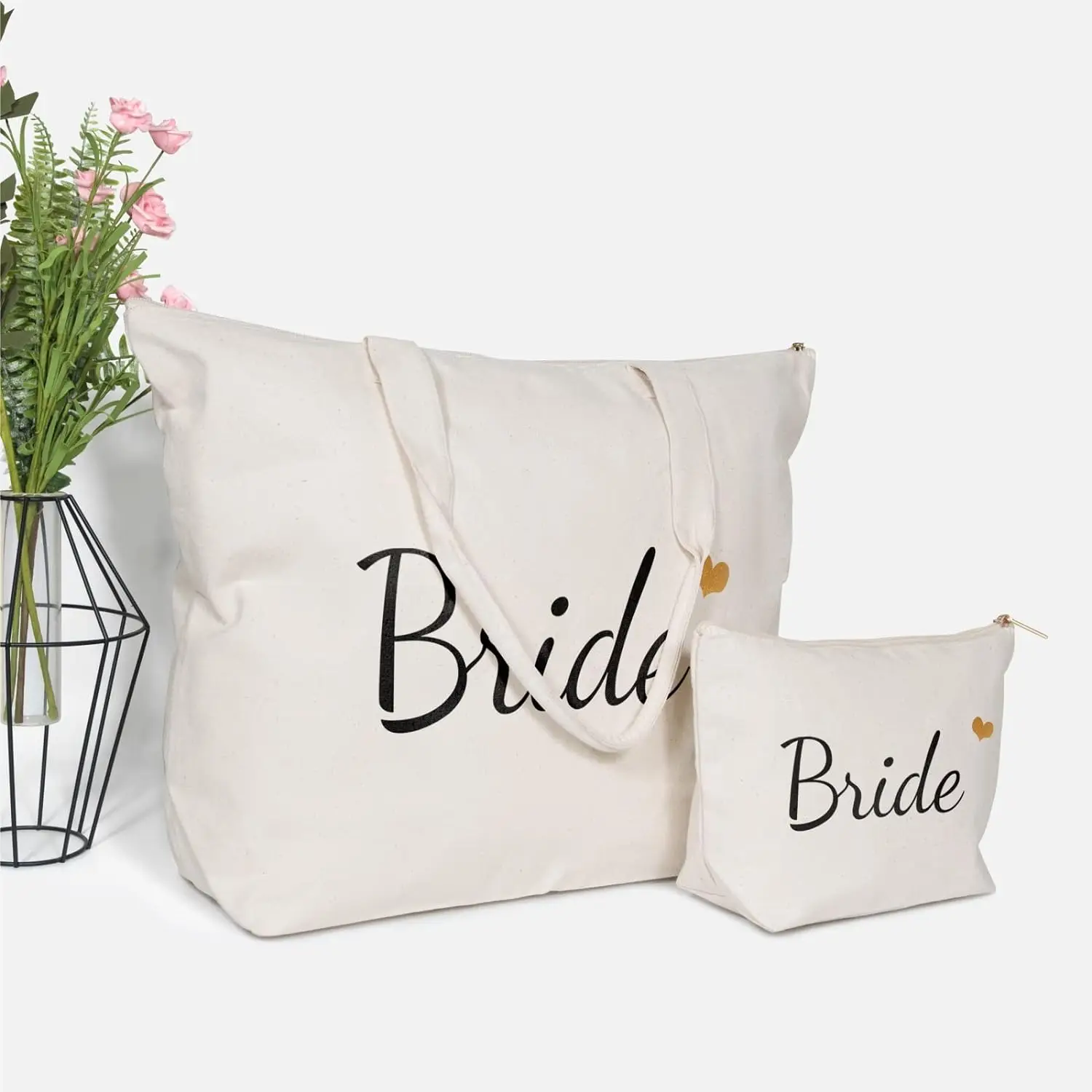 Bride Tote Bag with Makeup Bag Gifts for Engagement Bridal Shower Bachelorette Wedding Party Canvas White Bag