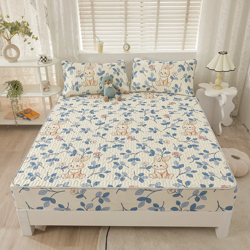 Summer Hot Selling Anti-skid Cooling Elastic Band 5mm Thick Latex Mattress Protector Ice Silk 3Pcs Fitted Bedsheet Sets