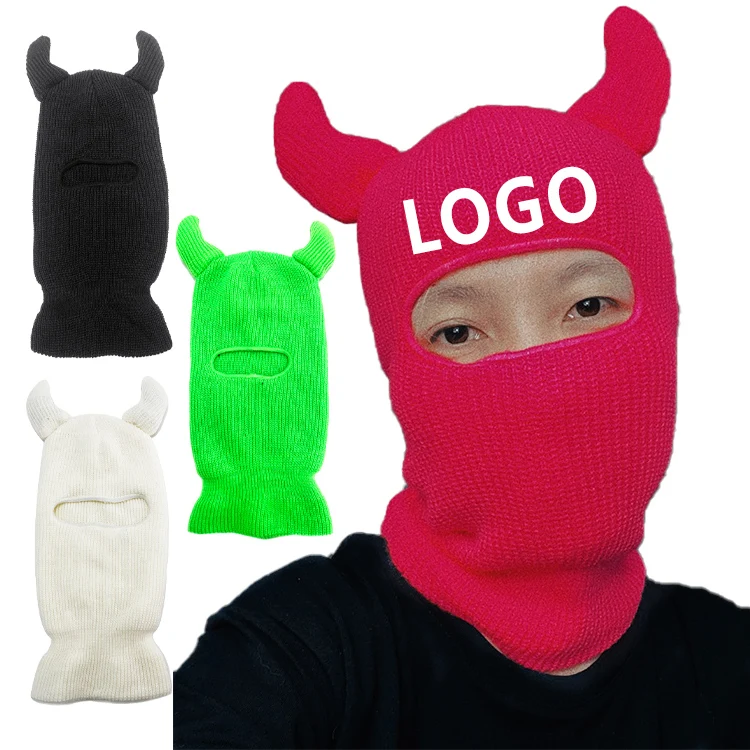 Windproof Full Face Knitted Hats with Horns Custom Embroidery Logo Winter Motorcycle Warm Ski Mask Beanie