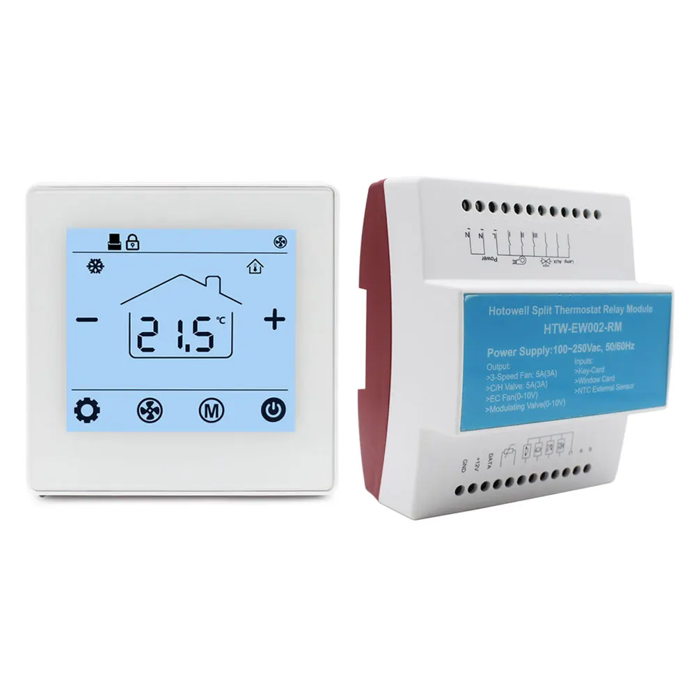 Hotowell Digital Thermostat Negative Display Dual Screen Fan Coil Thermostat Modbus RS485