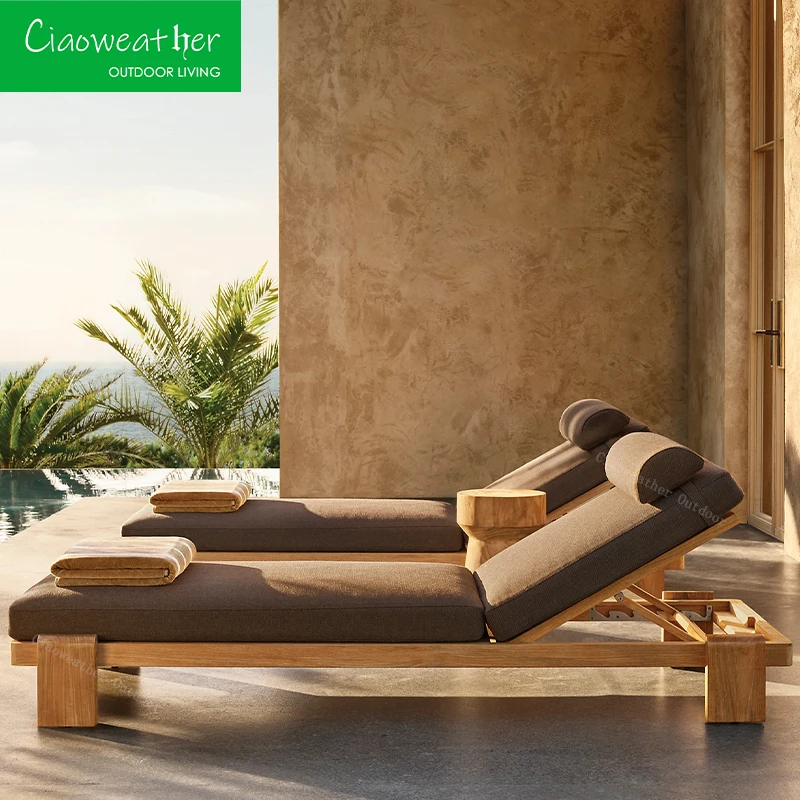 New Design Furniture Outdoor Garden Villa Resort Lying Bed Sunshine Beach Swimming Pool Lying Chair Teak Sunlight Bath Bed Set