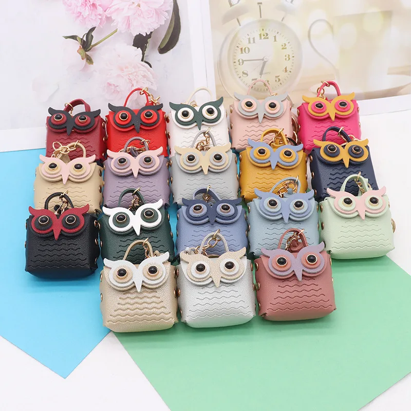 18 color spot double-sided PU leather cartoon owl change bag Key chain mini pendant