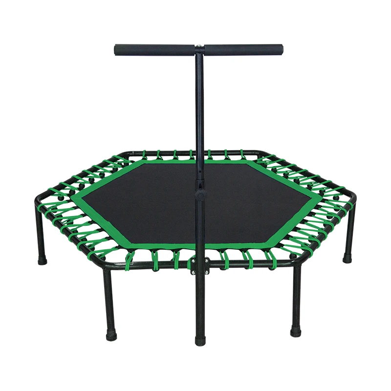 Professional mini hexagonal fitness multicolor elastic trampoline jumping bed without enclosure for kids with handrail