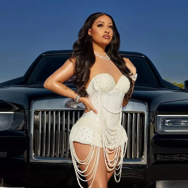 Fashion Pearls Tassel Women Birthday Wedding Jumpsuits Ladies Stage Fringes Rompers Elegant Backless Evening Party Bodysuits