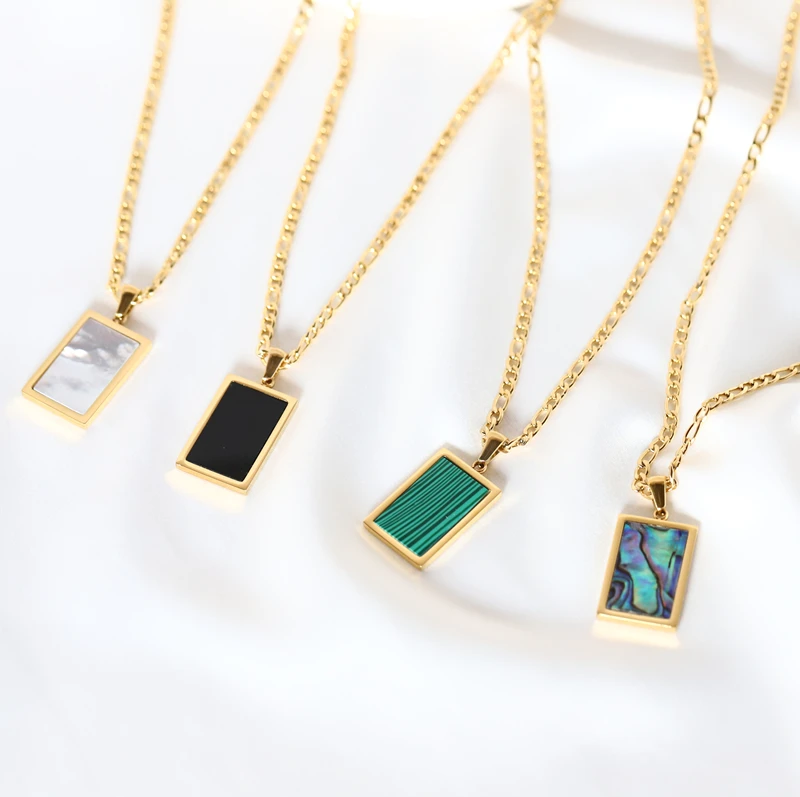 Wholesale Custom 18K Gold Plated Stainless Steel Square Rectangle Abalone Malachite Onyx Turquoise Shell Pendant Necklaces