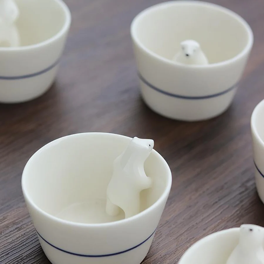 Cute Polar bear cup set sake glass 3d cute bear ceramic small tea cup Japanese Sake cup porcelain mug Mino set of 2 Polar bear