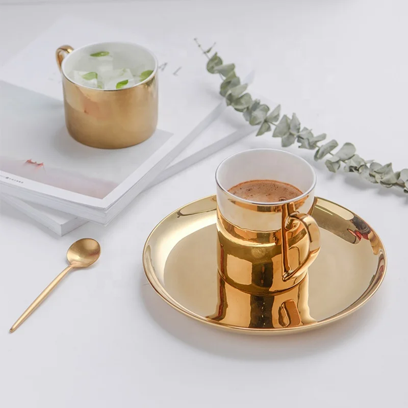 
High quality fashion gold white new bone china coffee mugs dessert plates and cups 
