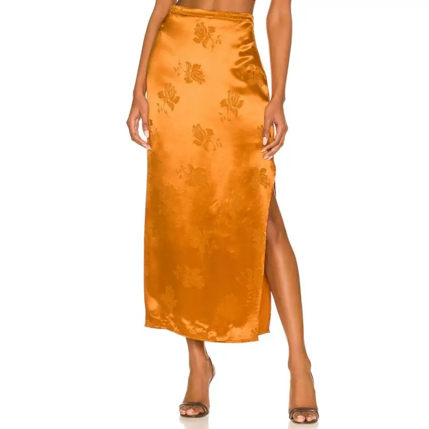 Runwaylove  E3671  High fashion embroider flower satin high slit skirt