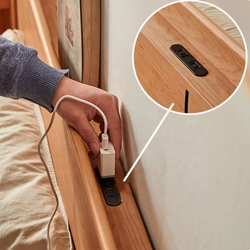 Cherry Solid Wood Simple Queen Bed Japanese Style White Oak Double King Bed with USB Interface