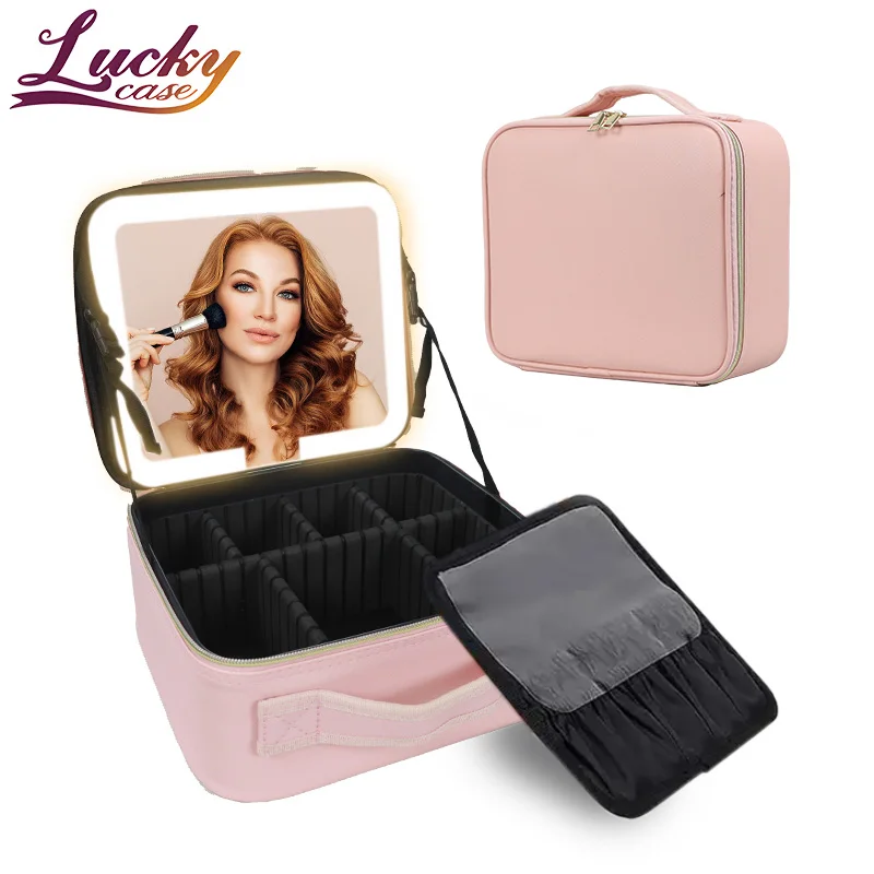 Pu Makeup Bag with Led Mirror Lighted Make Up Travel Bag with Dividers Cosmetic Vanity Bag Case