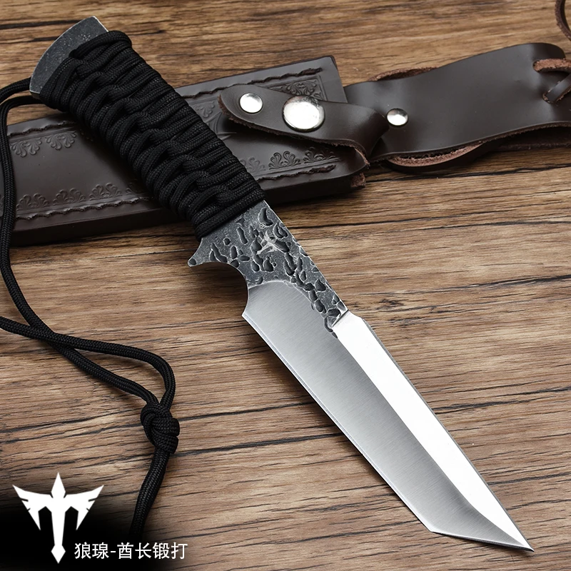 Wholesale outdoor camping survival self-defense steel knife with leather knife set fixed blade knife with sandalwood handle