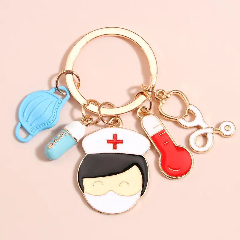 Custom New Doctor Keychain with Syringe Stethoscope Nurse Cap Pendant Mobile Phone Accessory Alloy Material Customizable Logo