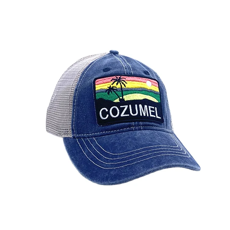 Wholesale Customized 100% Polyester 3d Embroidery Icon Denim Mesh Adjustable Baseball Cap