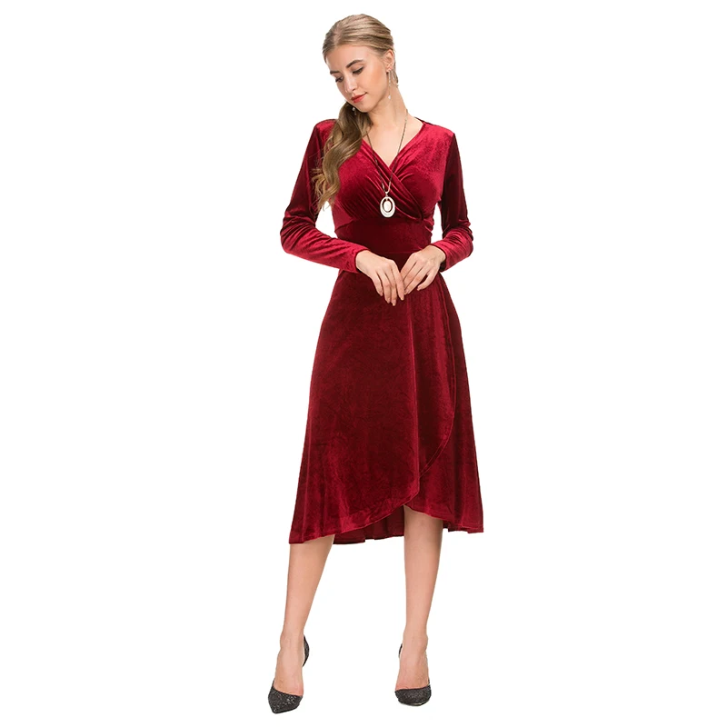 Ladies fashion V neck elegant women clothing lace fabric luxurious long sleeve evening party dress