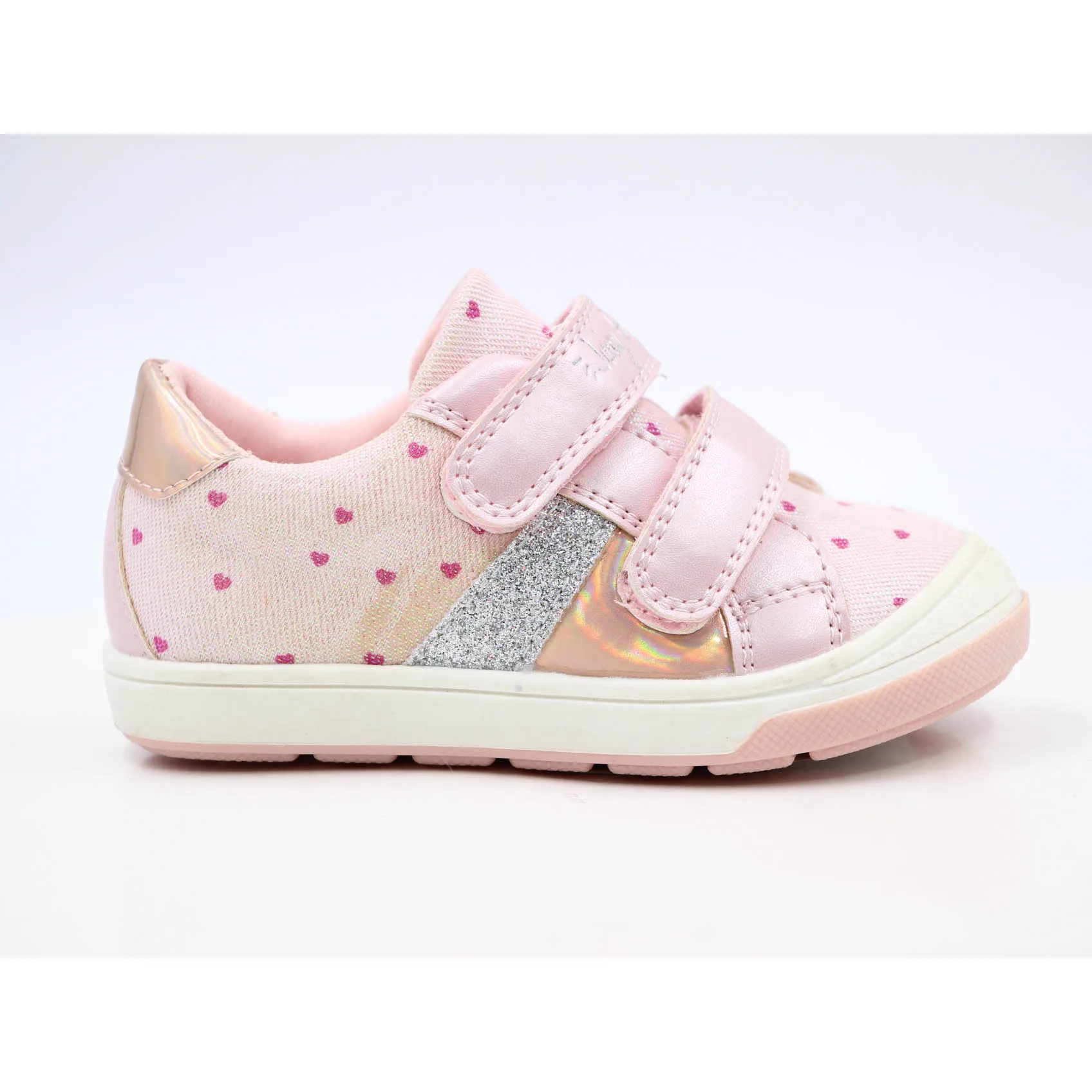
Pink shinny fabric upper with magic tape straps double color outsole kids shoes girl sneakers casual 