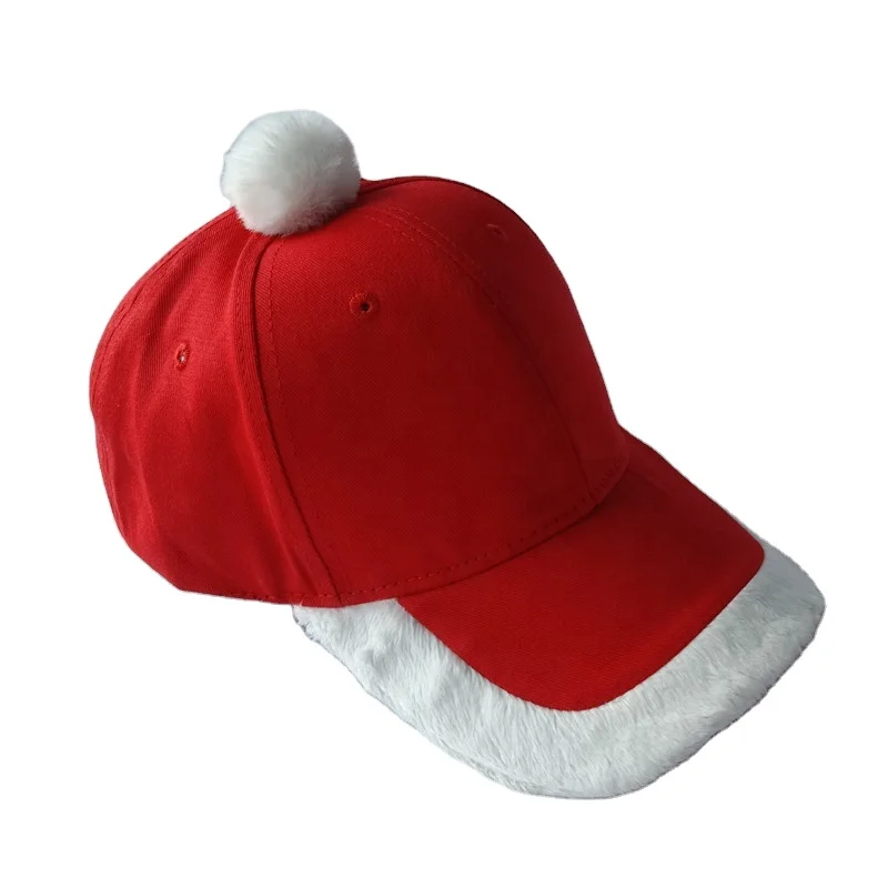 hot selling good quality cotton red christmas santa baseball cap hat with white plush