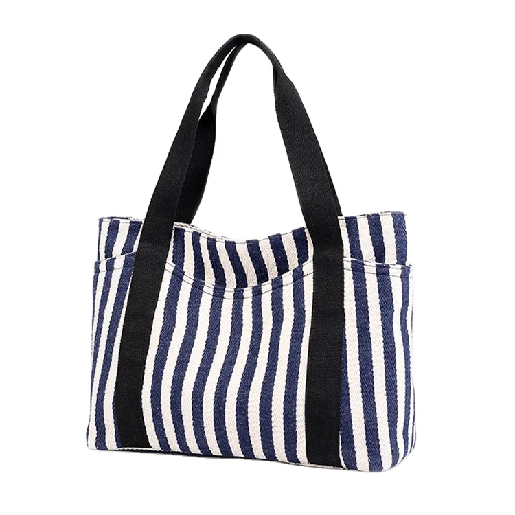 Summer Eco Friendly 12 oz Heavy Canvas Cotton Tote Bag Custom Stripe Beach Bag Wholesale