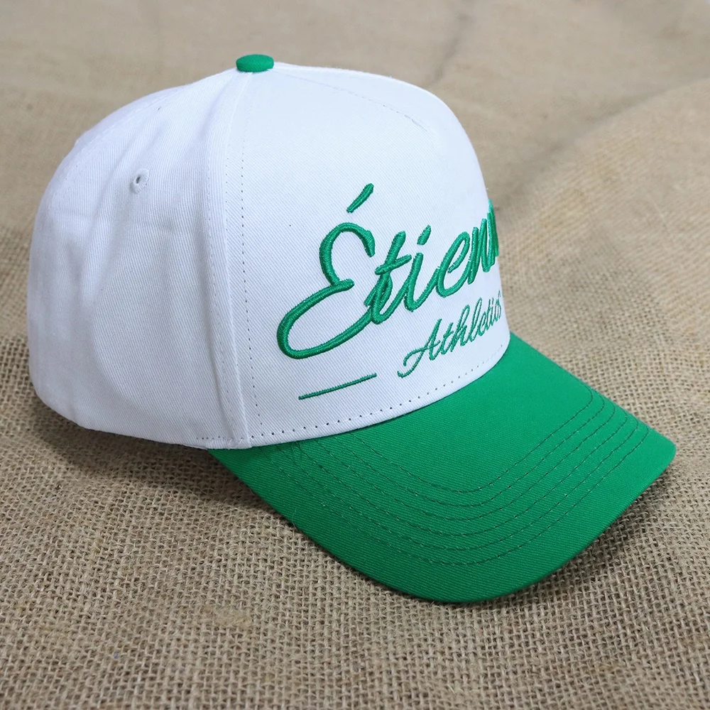 two tone adjustable custom logo snap back hat 5 panel cotton structured sports cap with green brim