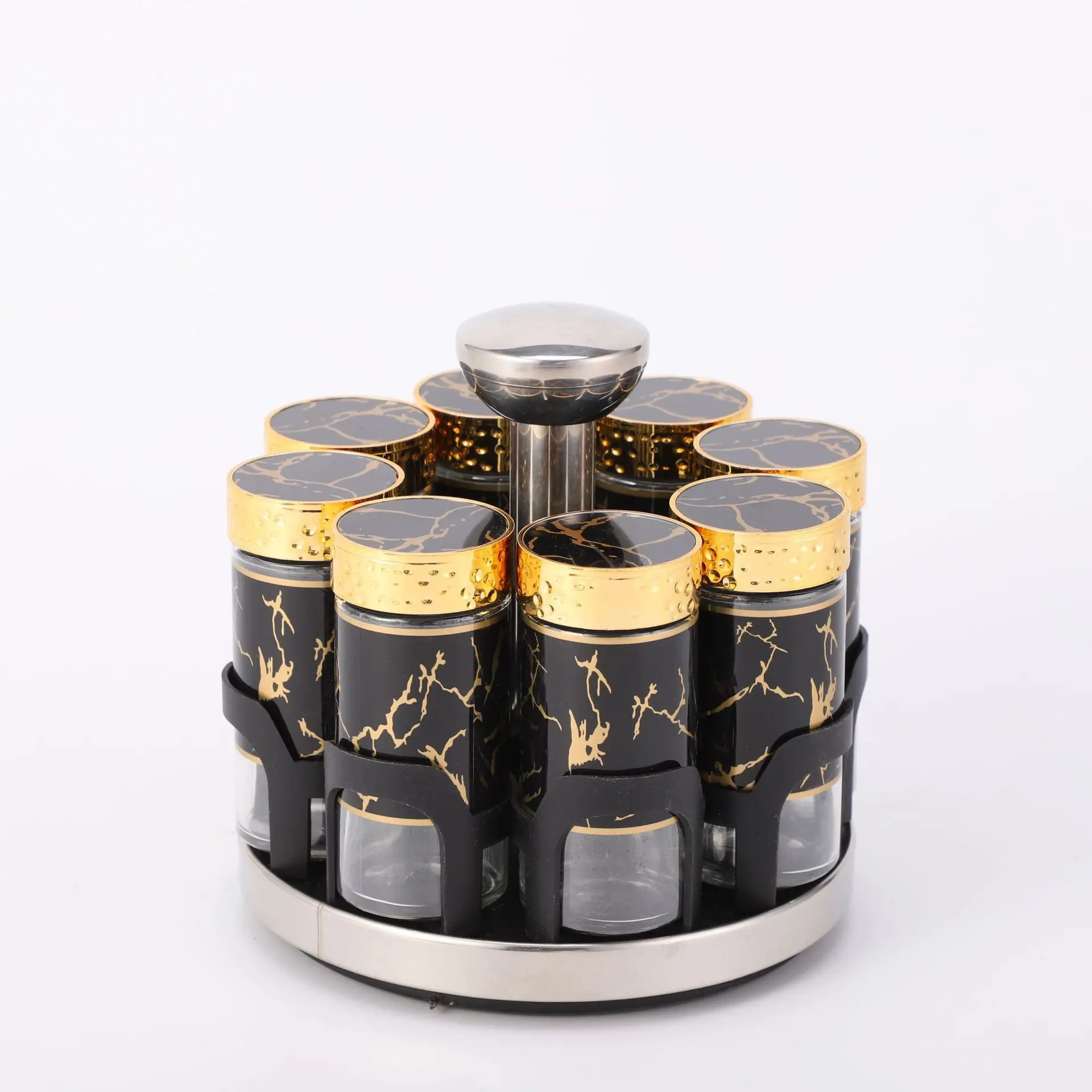 WONDERFUL High Quality Marble Glass Kitchen Salt Pepper Shaker Bottles 2-Tier Black Household 360° Rotating Spice Rack Jars Set