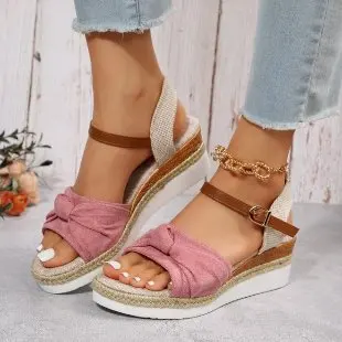 Plus Size Wholesale Casual Summer Thick Soles Flat Espadrilles Straw buckle hemp rope flower wedge Sandals Womens