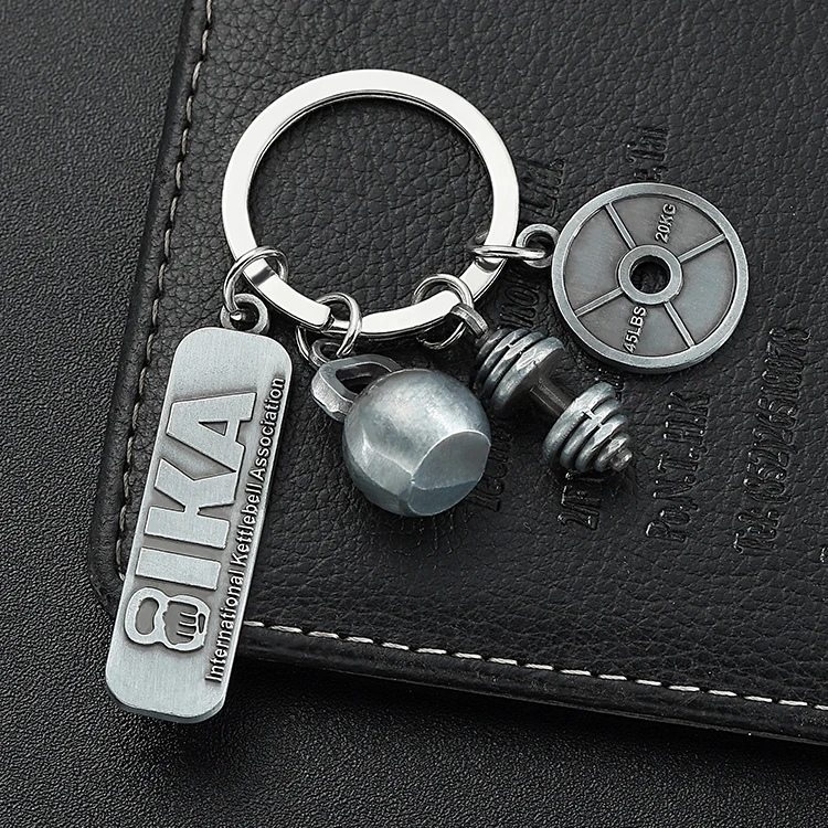 In Stock Antique Silver Charm Keyring Equipment Sport Barbell Gym Fitness Keychain Keyring For Brand Promotion