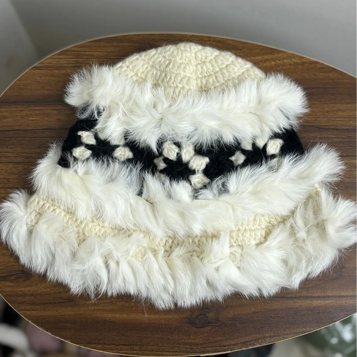 Wholesale Rabbit Fur Knit Lion Design Fisherman Caps Autumn Winter Plush Warm Tiger Head Crochet Bucket Hat Knitted Fluffy