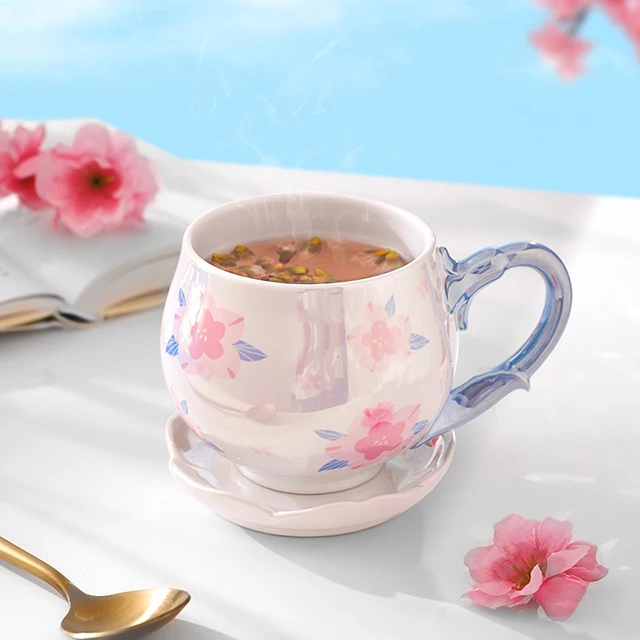 Creative cherry blossom ceramic mug with lid cute gift office breakfast coffee mug
