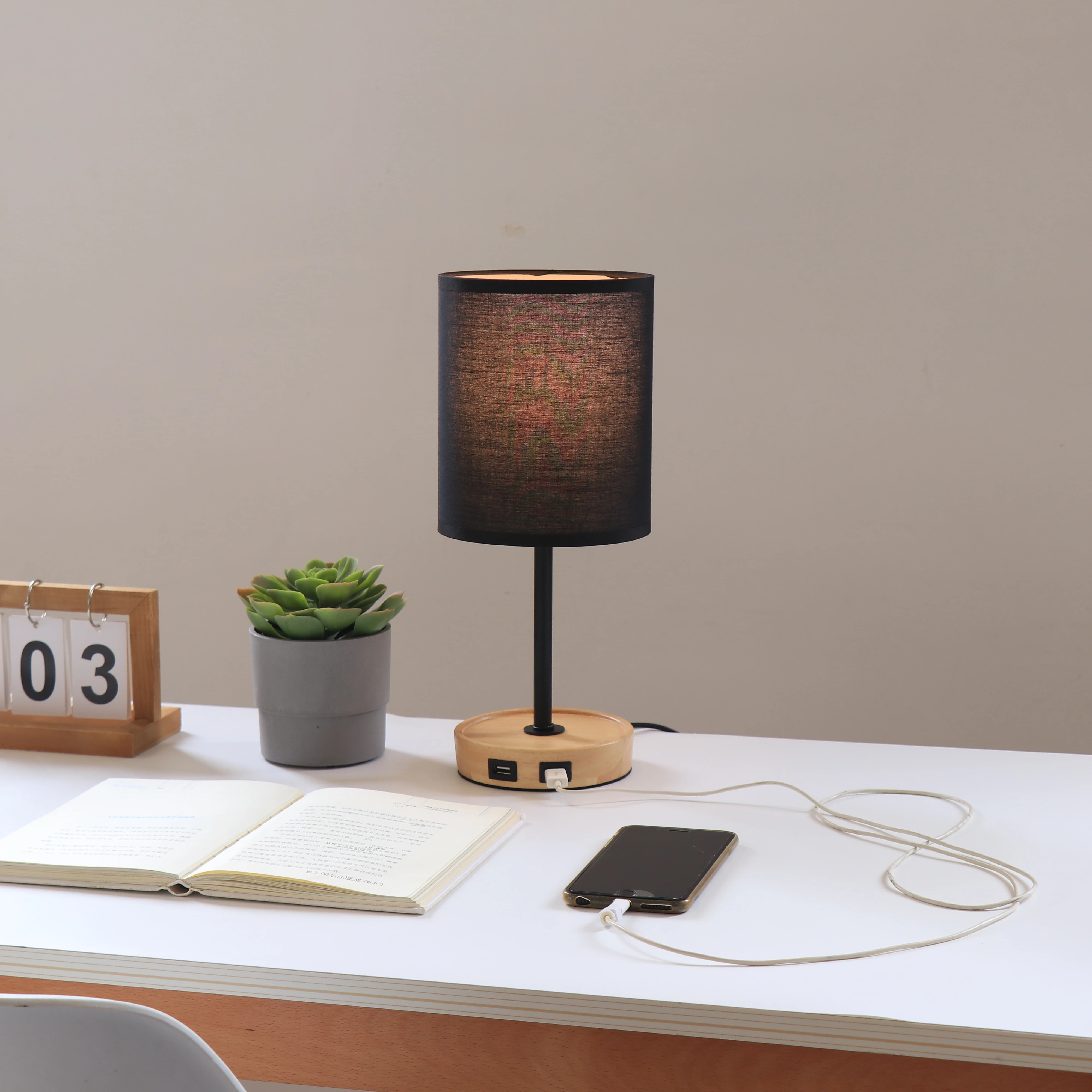 twin USB white smart home decor office bedroom touch sensor switch  wooden base fabric lampshade night table lamp
