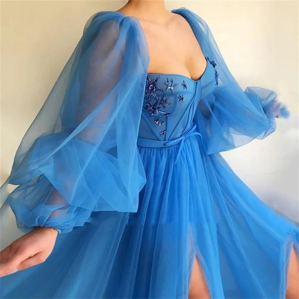 OEM Wholesale Blue Puffy Sleeve Corset Prom Dresses Women Sweetheart Tulle Ball Gown Slit Formal Evening Gown Princess Dress
