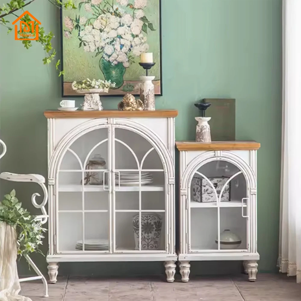 Contemporary European Vintage Kitchen Retro White Wood Storage Cabinet Showcase Display Stand Dining Living Room Furniture