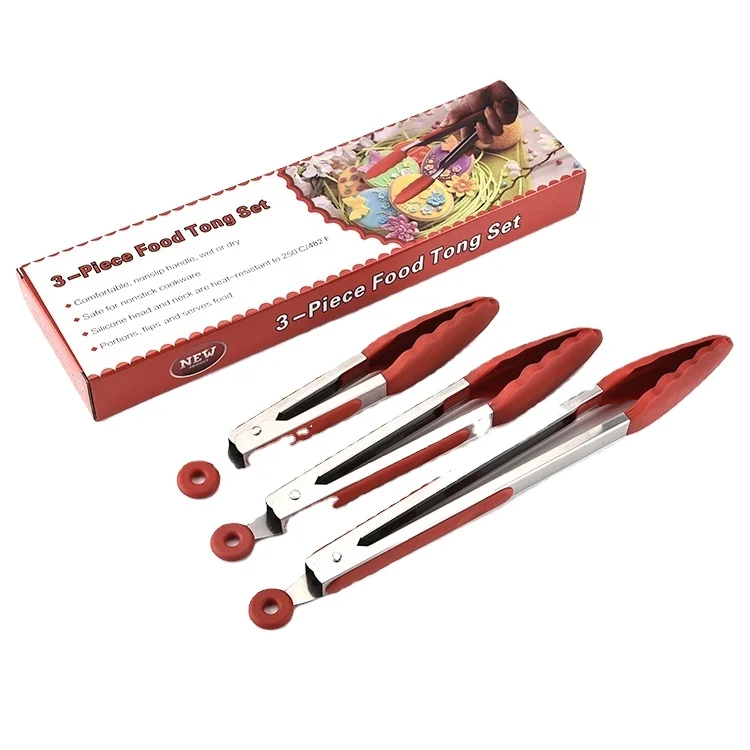 7 9 12 Inch 3 pcs 18T3 Plastic Kitchen Cooking Clamp Stainless Mini Food Tongs Set of 3 For BBQ Barbecue Cooking Tongs