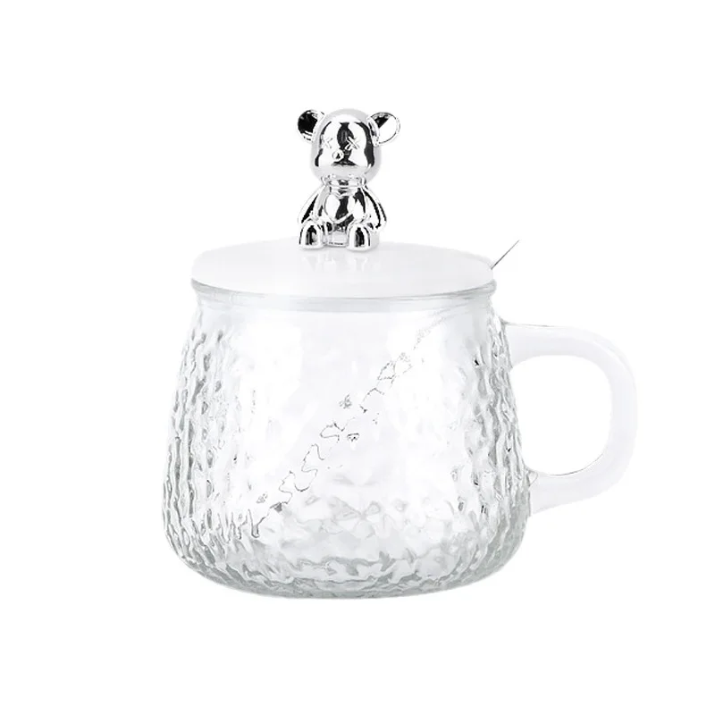 Best Price Cute Hammer Grain Glass Mugs Office Household Drink Water Cups Coffee Teacup with Bear Lid and Spoon