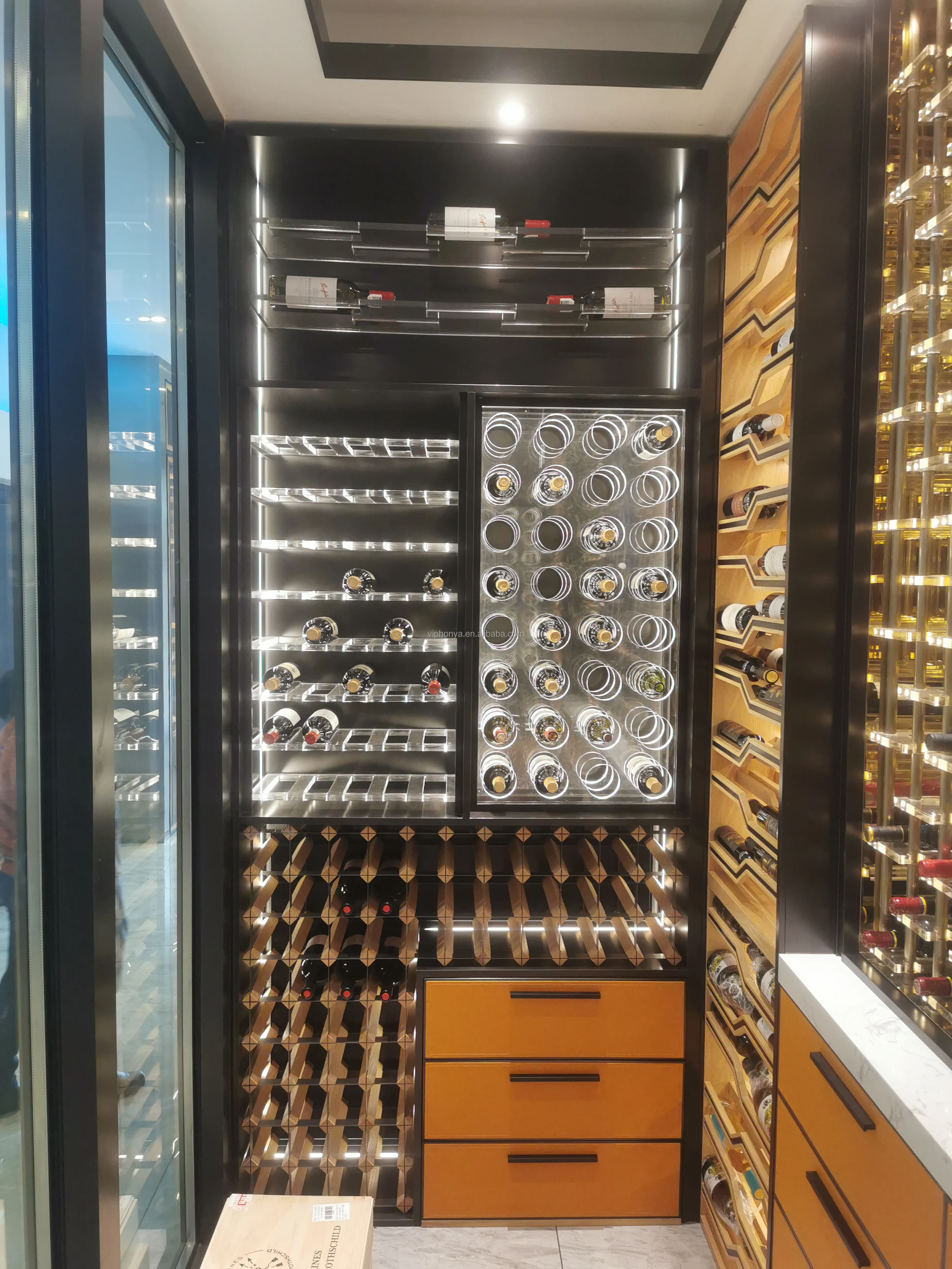 New Style Built In Storage Wine Caller Furniture Bar Temperature Controlled Wine Rack Cabinet with Cigar Drawer