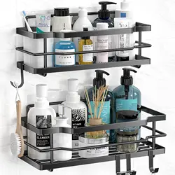 Metal No Drilling Wall Mounted Storage Bathroom Towel Organizer Adhesive Shower Caddy Soap Rack Shelf with Hook