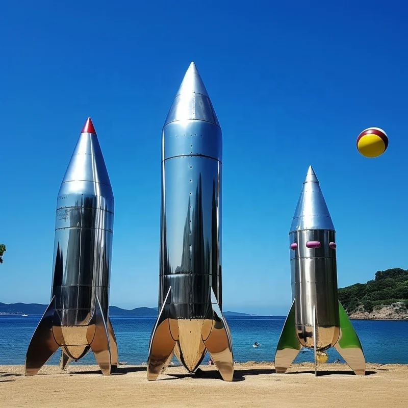 Custom Giant Outdoor Modern Space Themed Art Metal Mirror Polish Rocket Large Stainless Steel Cartoon Rocket Ship Sculpture