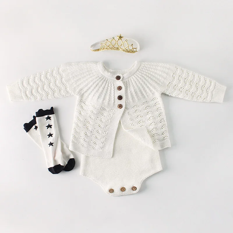 Newborn Baby Outfit Knitted Sweater Cardigans+Bodysuit 2pcs Set Baby Girl Birthday Clothing Set Pink white Gray Available