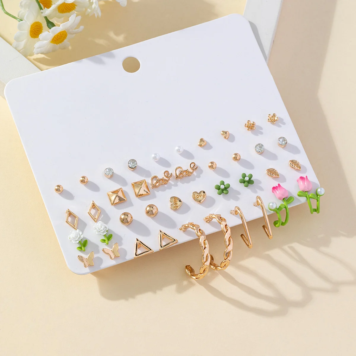 Factory Wholesale Cheap Gold Plated 20 Pairs Heart Love Green Flower Earring Studs Twisted Heart Shaped Hoops Earring Sets