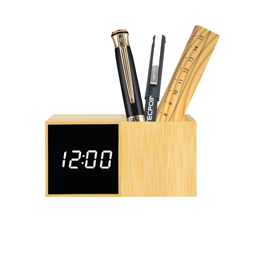 2024 Evertop Top Sale Alarm Clock Office Desktop Multi-function Wooden Pen Holder Desk Table Clock