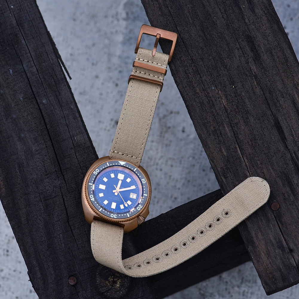 JUELONG Tan Stitching Eyelets Canvas Watch Band 18 20 22 24 Sail Cloth Bronze Buckle Watch Strap