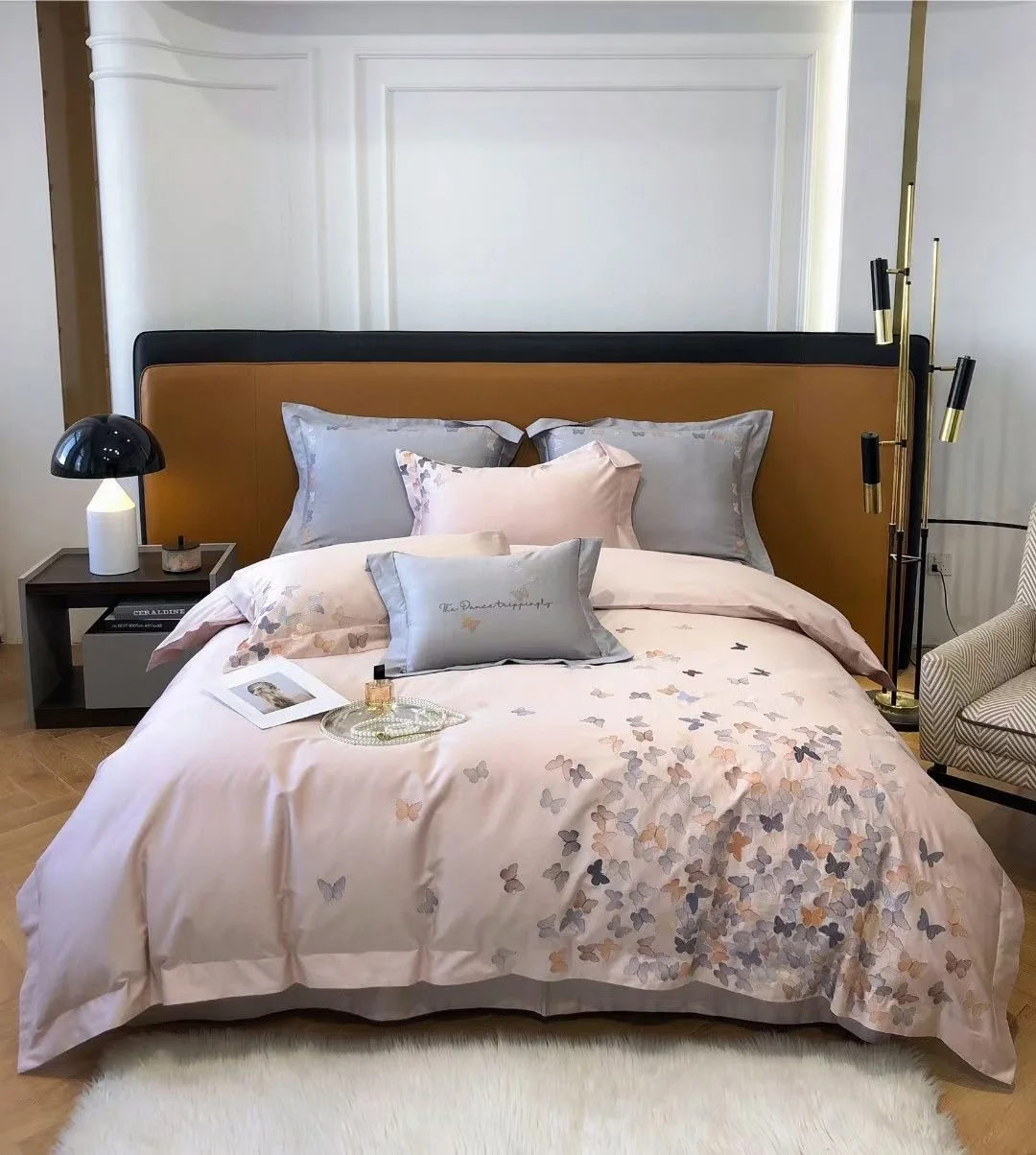 Butterflies Embroidery Cotton 60S King Size Bedding Set Luxury New Fashion Embroidery Bed Sheet